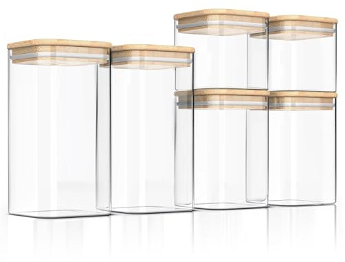 Arendo Vorratsgläser mit Deckel Luftdicht 6er Set, Vorratsdosen Glas mit Deckel Pasta, Vorratsdosen glas mit Deckel luftdicht Glas, hitzebeständig, vorratsglas mit holzdeckel, Glasdose mit deckel