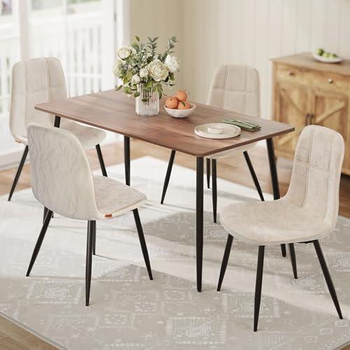 VASAGLE Dining Chairs, Set of 4 Dining Room Chairs, Metal Frame, Adjustable Feet, Easy to Clean, Chenille Fabric, Glacier-Textured Synthetic Leather, for Kitchen, Cream White UKDC188W01
