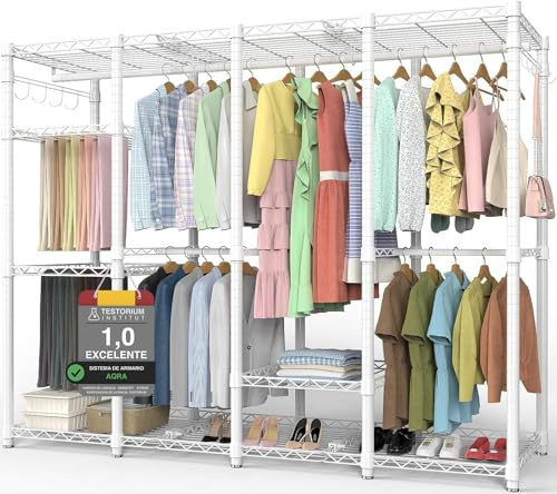 AQRA Stand Appendiabiti in Metallo, Altezza Del Ripiano Regolabile, Grande Capacità Guardaroba, 4 Metodi di Assemblaggio, per Appendere i Vestiti, Riporre i Vestiti, 193,5W×43,5D×195H (Bianco)