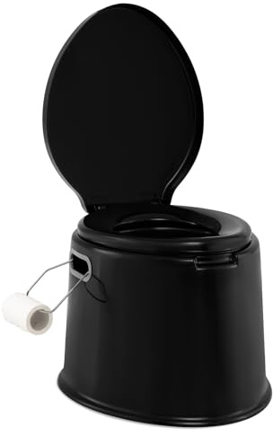 GYMAX Toilette de Camping Portable, Charge 200KG, Utilisation Extérieure Intérieure, avec Seau Amovible, Couvercle, Support de Papier, pour Randonnée, Camping-Car, Voyage (Noir)