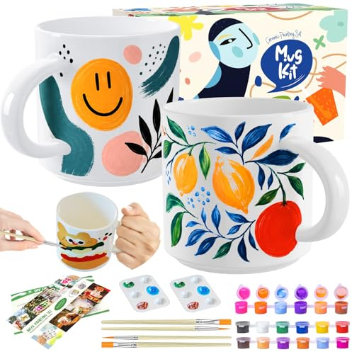 Crifeton Juego de pintura de cerámica, juego de tazas para pintar, incluye tazas, pinceles, pinturas e instrucciones para pintar, juego de cerámica para el hogar, kit de manualidades para adultos