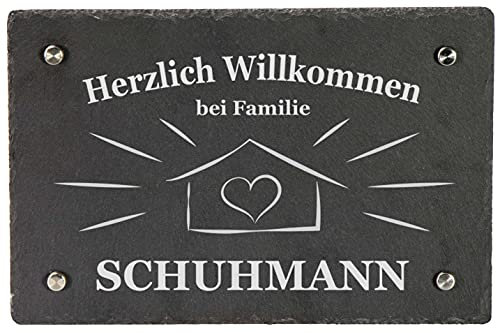 LAUBLUST Türschild Schiefer Personalisiert - Sweet Home Motiv - Haustürschild mit Name - 3 Größen, 4 Edelstahl Wandhalter