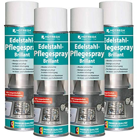 HOTREGA Edelstahl-Pflegespray Brillant 4x 500ml | Schlierenfreie Reinigung & Pflege | Vermindert Fingerabdrücke | Für Küche, Haushalt & Geräte