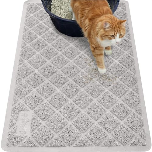 GORILLA GRIP Cat Litter Box Mat, 35x23, Water Resistant, US Designed Kitty Litter Trapping Mats, Easy to Clean, Scatter Control, Less Mess and Clean Floors, Kitten Supplies for Indoor Cats, Light Gray