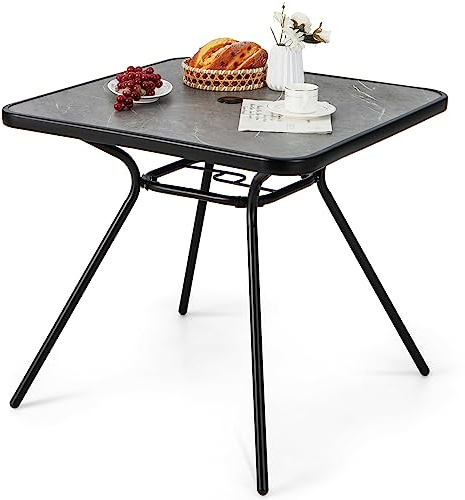 KOMFOTTEU Sidobord med paraplyhål, trädgårdsbord 80 x 80 cm för 4 personer, balkongbord med bordsskiva av konstmarmor, bistrobord upp till 100 kg, matbord för balkong, terrass, trädgård