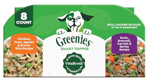 Greenies Smart Topper High Protein Wet Mix-in for Dogs, Chicken, Peas, Apples, and Brown Rice Recipe & Duck, Broccoli, Carrots and Barley Recipe Variety Pack with Whole Grains, 8 Trays of 2 oz.