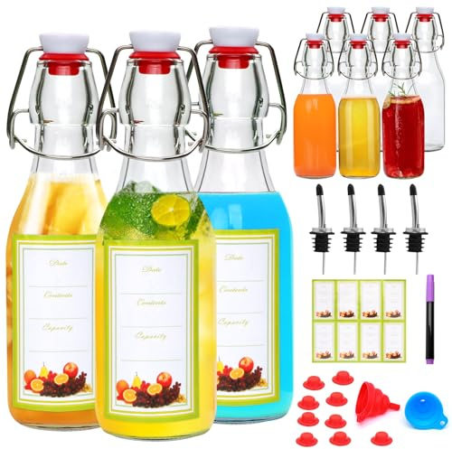 8.5 oz Swing Top Glass Bottles, Flip Top Beer Brewing Bottles with Stopper for 2nd Fermentation, Vanilla Extract, Juice, Kombucha, Honey, Vinegar, Wine, Includes Sealing Lid, Funnel, Pack of 9