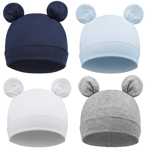 DRESHOW 4 Pieces Baby Beanie Newborn Toddler Soft Cute Knit Hat Hospital Hats for Baby Boys Bear Ears Infant Beanie