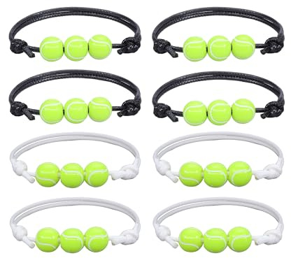 TUKEVA 8 pulseras de bolas de tenis ajustables con cuentas de tenis con temática deportiva, pulsera ajustable con cordón trenzado para adolescentes, adultos, regalo al aire libre