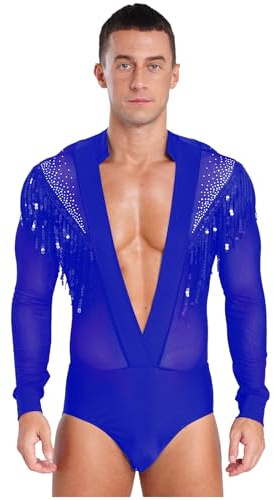 Miutii Men's Sparkly Rhinestones Sequins Performance Dance Costume Deep V Neck Latin Dance Shirt Ballroom Leotard Blue M