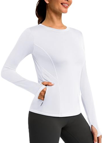 PINSPARK Camiseta deportiva para mujer, cuello redondo, manga larga, forro polar, térmica, otoño, invierno, jersey para deporte, correr, fitness, Blanco, M