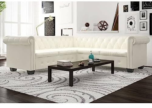 KTHLBRH Sofá de Esquina Chesterfield 5 plazas Cuero Artificial Blanco Sofá Chesterfield Esquinero 5 Plazas, Tapizado Cuero Sintético, Confortable y Elegante