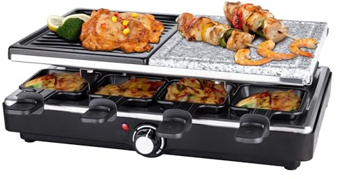 Hot Stone Raclette Electric Grill 3 In 1 Indoor Kitchen BBQ Grill 1400W Stone and Non Stick Steel with 8 Cheese Dishes Adjustable Temperature