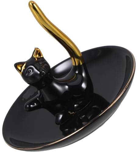 TOYANDONA Plateau à Bijoux en Céramique avec Chat Noir, Porte-bagues Décoratif, Petit Vide-crevette pour Bijoux, Rangement Bijou pour Bureau et Table de Nuit, Accessoire Pratique