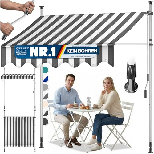 KESSER Store de balcon avec manivelle et guirlande lumineuse LED - Sans perçage - Résistant aux UV - Réglable en hauteur et imperméable - Protection solaire pour balcon, terrasse et jardin - 300 cm