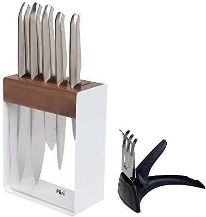 Furi Pro White Steel Knife Block Set 7 pc, Knife Block with Five Premium Knives and Sharpener for a Superior Cutting Performance, Stainless Steel Blades, Ergonomic Reverse-Wedge, Anti-Fatigue Handle