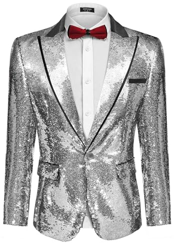 COOFANDY Shiny Sequins Suit Jacket Blazer One Button Tuxedo for Party,Wedding,Banquet,Christmas,Nightclub,Silver,Medium