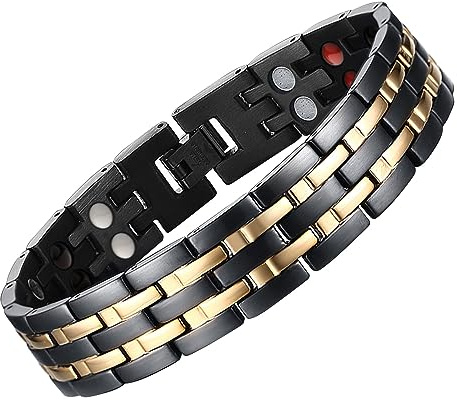 JFUME Braccialetti magnetici per uomini Placcatura in oro 18k e acciaio inossidabile nero PVD con strumento di rimozione del collegamento regolabile da 8,5