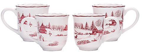 Bico Toile De Jouy Winter Wonderland Ceramic Mug Set of 4, Christmas Coffee Mugs, 16oz Holiday Cups for Tea, Cocoa, or Hot Drinks, Microwave & Dishwasher Safe
