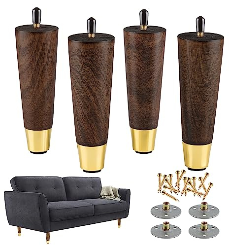 ALAMHI Mid-Century Modern Couch Legs - Set of 4, 6 Inch Brown Round Tapered with Brass Base for Cabinets, Coffee Table, Ottoman, Sofa, Loveseat, Armchair