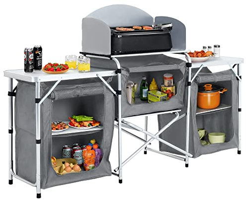 Warmiehomy Campingküche Faltbar, Tragbarer Campingschrank mit Aluminiumgestell, 3 Schränkfach & Abnehmbare Platte, Outdoor Campingküche Schrank für Picknick, Reisen, Strand, Grau, 175×40×110 cm