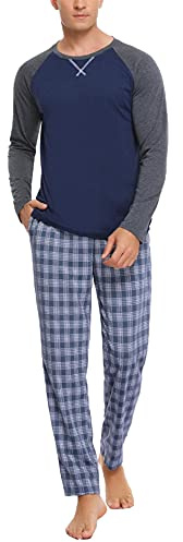 Litherday Pijama Hombre Invierno Algodón – Conjunto de 2 Piezas con Camiseta de Manga Larga y Pantalón de Cuadros, Ropa de Dormir Masculina Cómoda,Estilo 2 Azul, S