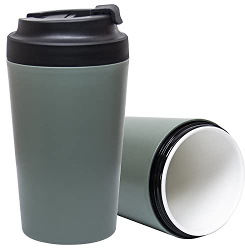 Klaraber Travel Coffee Cup, Ceramic Lined Travel Mug with Leakproof Lid, Insulated & Reusable, Eco-Friendly for Hot & Cold Drinks 350ml (Green)
