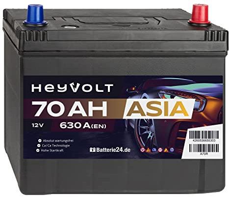 HeyVolt Asia Autobatterie 12V 70Ah 630A/EN Starterbatterie, absolut wartungsfrei, Pluspol Rechts