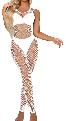 XIUSEMY Bodystocking Donna Sexy Body in Mesh Fishnet con Calze Lingerie Notturna a Collo V(Bianco)