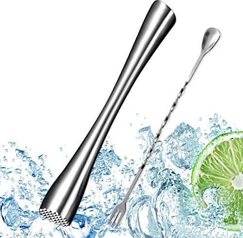 FAEFTY Acciaio inossidabile con cucchiaio da cocktail, pestello per Mojito, tritatutto per ghiaccio, cocktail Muddler, pestello in acciaio inox, per cucina, bar, ristorante, 26 cm
