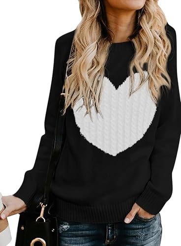 QIXING Women's Jumper Heart-Shaped Cable Knit Winter Sweater Round Neck Long Sleeve Valentine's Day Pullover for Mother Girlfriend (Black-White, L)