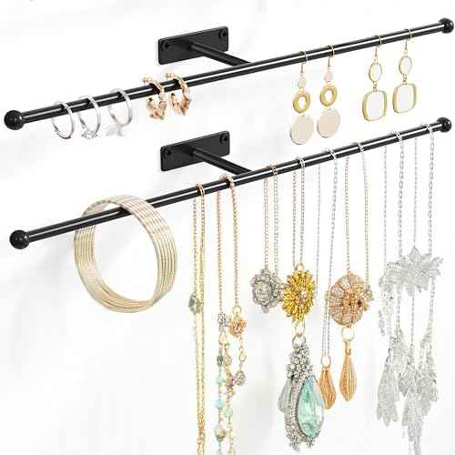 Josmimic Schmuck-Organizer zum Aufhängen an der Wand: 32,6 cm Halskettenhalter für Ohrringe, Armbänder, Ringe, Haarbänder, Brillen, schwarz, 2 Stück, Schrauben im Lieferumfang enthalten