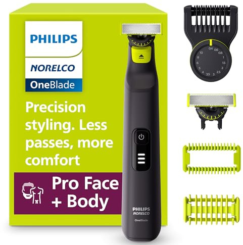 Philips Norelco OneBlade Pro 360 Face + Body Electric Shaver, Beard Trimmer and Groomer, with 360 Blade Technology, 14-Length Precision Comb, Body Kit, Soft Pouch, Model QP6542/70