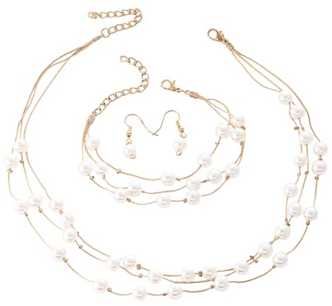 TTPSRY Bijoux Femme Perles Dorées Ensemble Collier Boucles d'Oreilles Mariage Cadeau Anniversaire(Or)