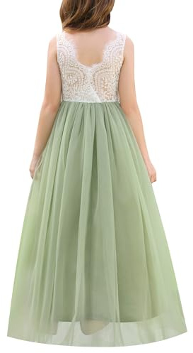 EFOGEP Abito elegante in pizzo, senza maniche, con scollo a V, schiena in tulle, per feste, matrimoni, damigelle d'onore, prima comunione, compleanno, principessa, verde, 12-13 Anni