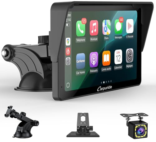 Pantalla Carplay portátil, Carpuride V3R Inalámbrica Airplay y Android Auto, Pantalla táctil HD de 7 Pulgadas y 1080p con cámara de Marcha atrás Real de 720p/BT 5.0/Mirror Link/reproducción USB