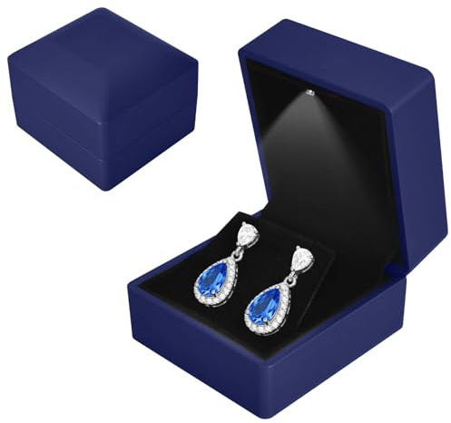 Caja de Pendientes con Luz LED, Pendiente Estuche de Exhibición Terciopelo, Caja de Almacenamiento de Joyería LED para Propuesta Compromiso Matrimonio, Día de San Valentín, 5.8*6.3*5cm, Azula