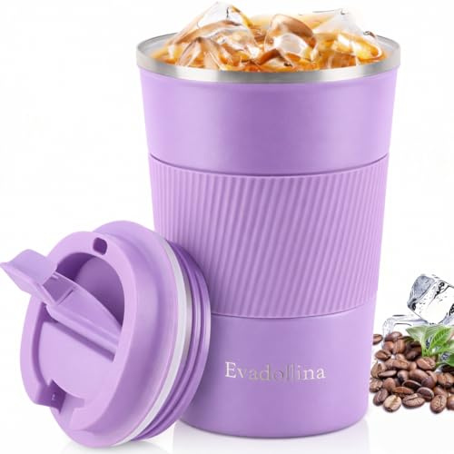 Evadollina Thermobecher, taza de café para llevar, taza de café aislada de 380 ml, taza térmica, taza de café con tapa, taza de acero inoxidable (Lila)