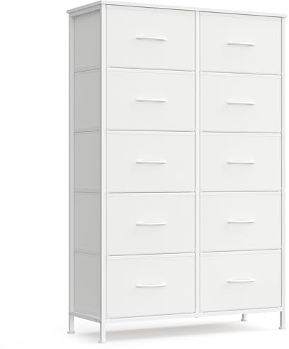 SONGMICS BELLAH Collection - Commode, Meuble de Rangement pour Chambre, Couloir, Entrée, Salon, Cadre en Acier, 10 Tiroirs, Style Moderne, Blanc Nuage et Blanc Neige LGS125WH01