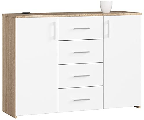 AKORD Kommode K45 110 cm | mit 2 Türen und 4 Schubladen | Schrank | für das Wohnzimmer | für das Schlafzimmer | B110 x H80 x T35 cm | Gewicht 48,00 kg | Sonoma Eiche/Weiß