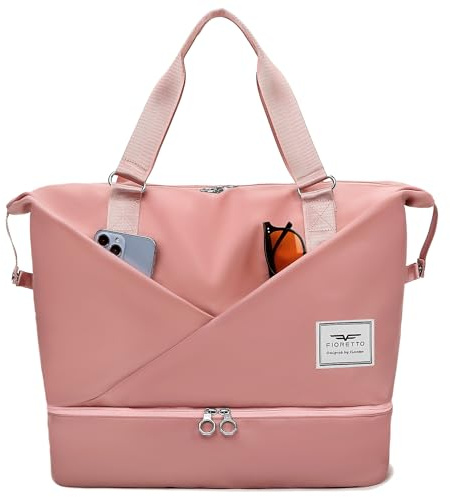 Fioretto Womens Travel Bag Duffle Bag with Laptop Compartment, Water Resistant Gym Bag Weekend Bag Overnight Hospital Bag Holdall with Separated Shoes Compartment & Wet Pocket Pink
