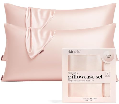 Kitsch 100% Satin Pillowcase with Zipper, Softer Than Silk Pillowcase for Hair & Skin, Cooling Pillow case, Satin Pillow Case Cover (King (2 Pack), Blush)