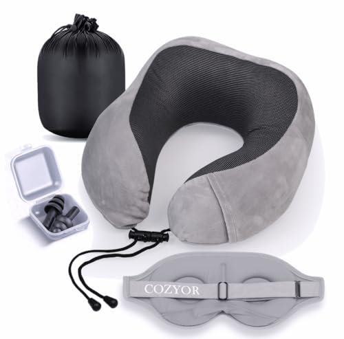 Cozyor Reiseset 3-TLG: Ohrstöpsel + Schlafmaske + Nackenkissen, weich & kompakt, verstellbares Nackenhörnchen Memory Foam, leicht für Flugzeug Augenmaske 100% dunkel für Kinder & Erwachsene