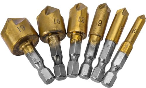 Mesee 6 Pieces Countersink Drill Bit Set 1/4 Inch Hex Shank 5 Flute 82 Degree Chamfering Drill Bits Titanium Coated HSS Center Countersink Bits for Wood Drilling 6/8/9/12/16/19mm