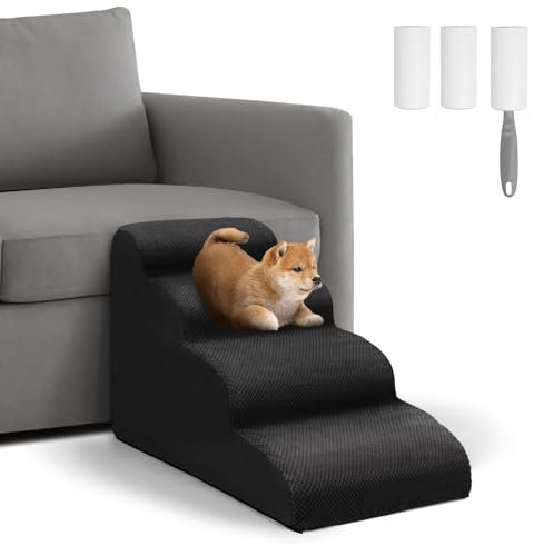 Mozvvco Scaletta per Cani 4 Gradini, Rampa Antiscivolo Con Copertura Rimovibile per Animali Domestici, Scala per Gatti per Divano e Letto, Regala Rullo Togli Peli Animali, Nero