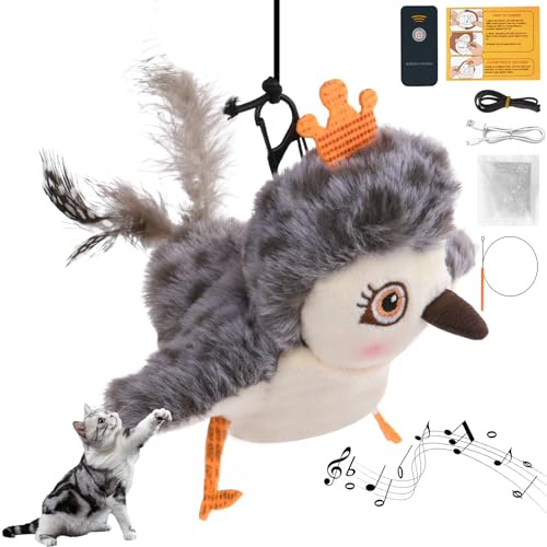 Aomig Cat Toy Interactive Flapping Bird, Cat & Kittens uppladdningsbara kvittrande simuleringsfågelleksak med fjäder, fjärrkontroll aktiverad Squeak Cat Toy, elektrisk plysch fågelleksak för kattlek