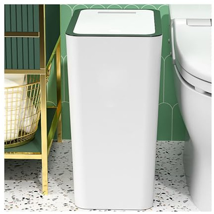 HAOHIZE Badezimmer Mülleimer mit Deckel, 15 l Mülleimer Schmal, Presstyp, Automatisch, Kunststoff Mülleimer, Papierkorb für WC, Küche, Kosmetik, Bad, Büro, Schlafzimmer