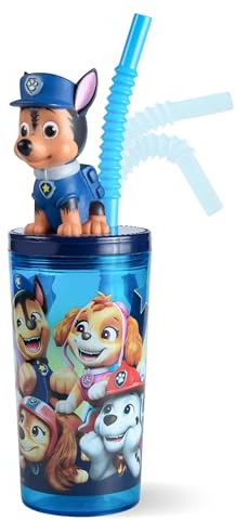 PAW Patrol Trinkbecher Kinder mit Strohhalm und Deckel 360 ml - 3D Figur Chase - BPA-frei Kunststoff - Kinderbecher to go für kalte Getränke, Schule, Kindergarten, Freizeit, Blau