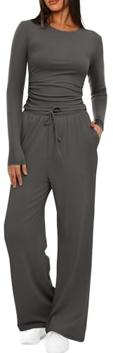 Rayson Tuta da Donna Curvy 2 Pezzi Completo Sportivo Manica Lunga Set Maglia e Pantaloni con Tasche e Coulisse Invernale Felpa Donna per Casa Fitness(Grigio scuro, XL)