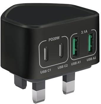 USB C Plug Fast Charger Plug UK for iPhone 17 16 15 14 13 12 11 Pro Max Plus, iPad, Samsung, Huawei, Google, 40W 4-Port USB Wall Plug Fast Charge Multi USBC Charging PlugType C PD Power Adapter